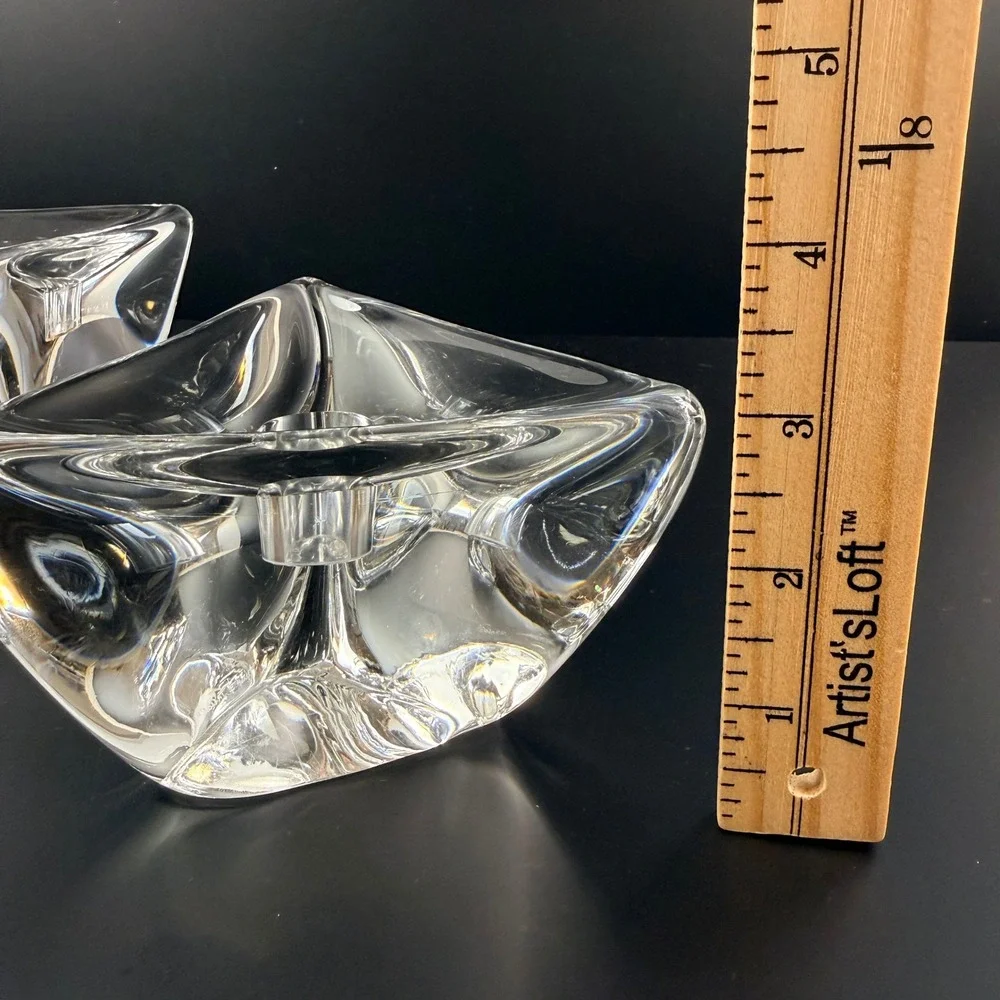 Set of 3 VTG Daum France Crystal Triangle‎ Candle Holders Signed MCM Heavy Glass